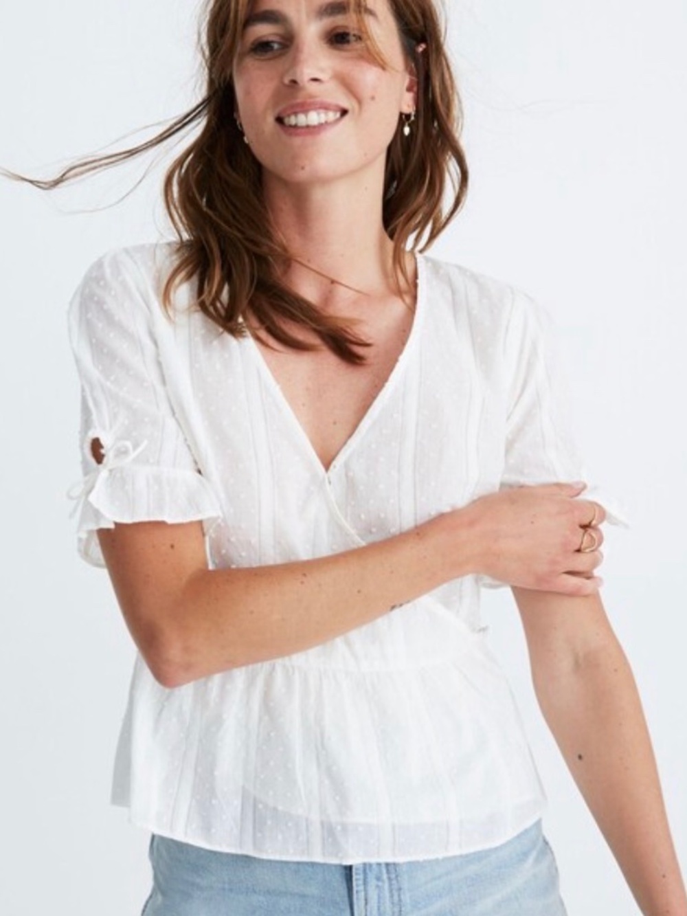 Madewell White Cotton Swiss Dot Puff Sleeve Front Wrap Tie Sleeve Wrap Top 6